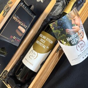 1er Holz-Geschenkbox mit Weinquiz+Aromen