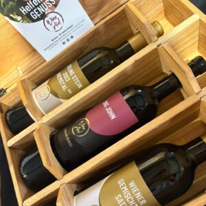 3er Holz-Geschenkbox mit Wr. G. Satz, Riesling, Big John